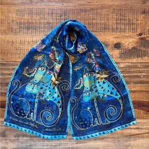 🌸 Vtg Laurel Burch 100% Silk “Indigo Cats and Butterflies” Scarf | Art to Wear